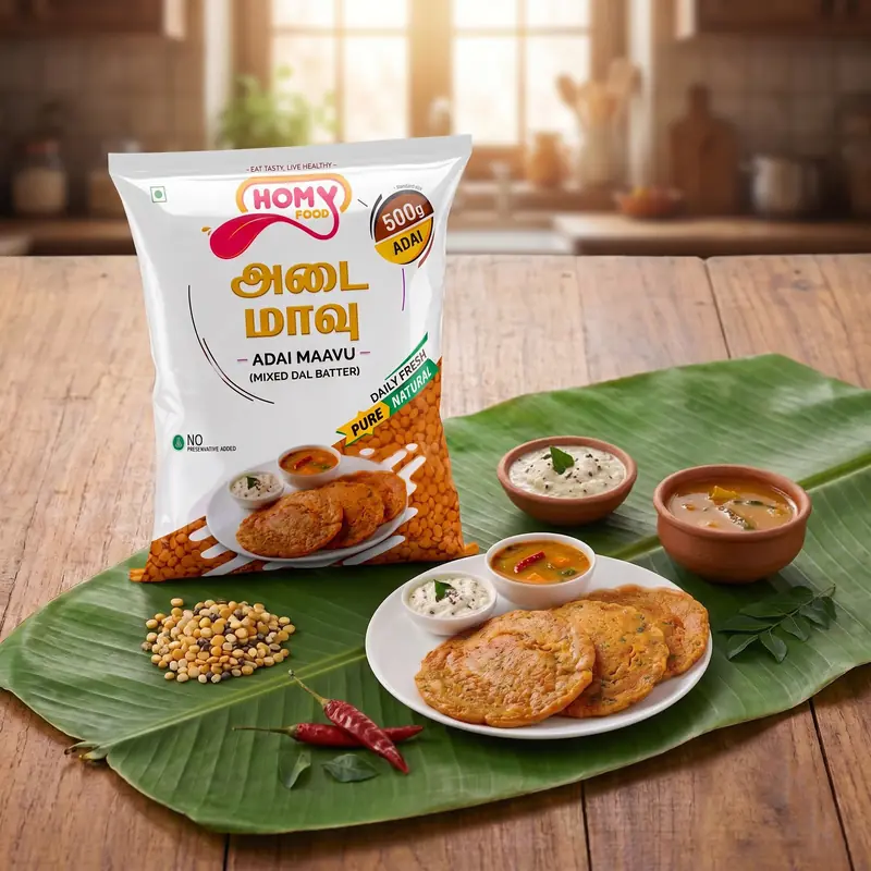 Homy Adai Maavu pack with adai, coconut chutney and sambar on a banana leaf
