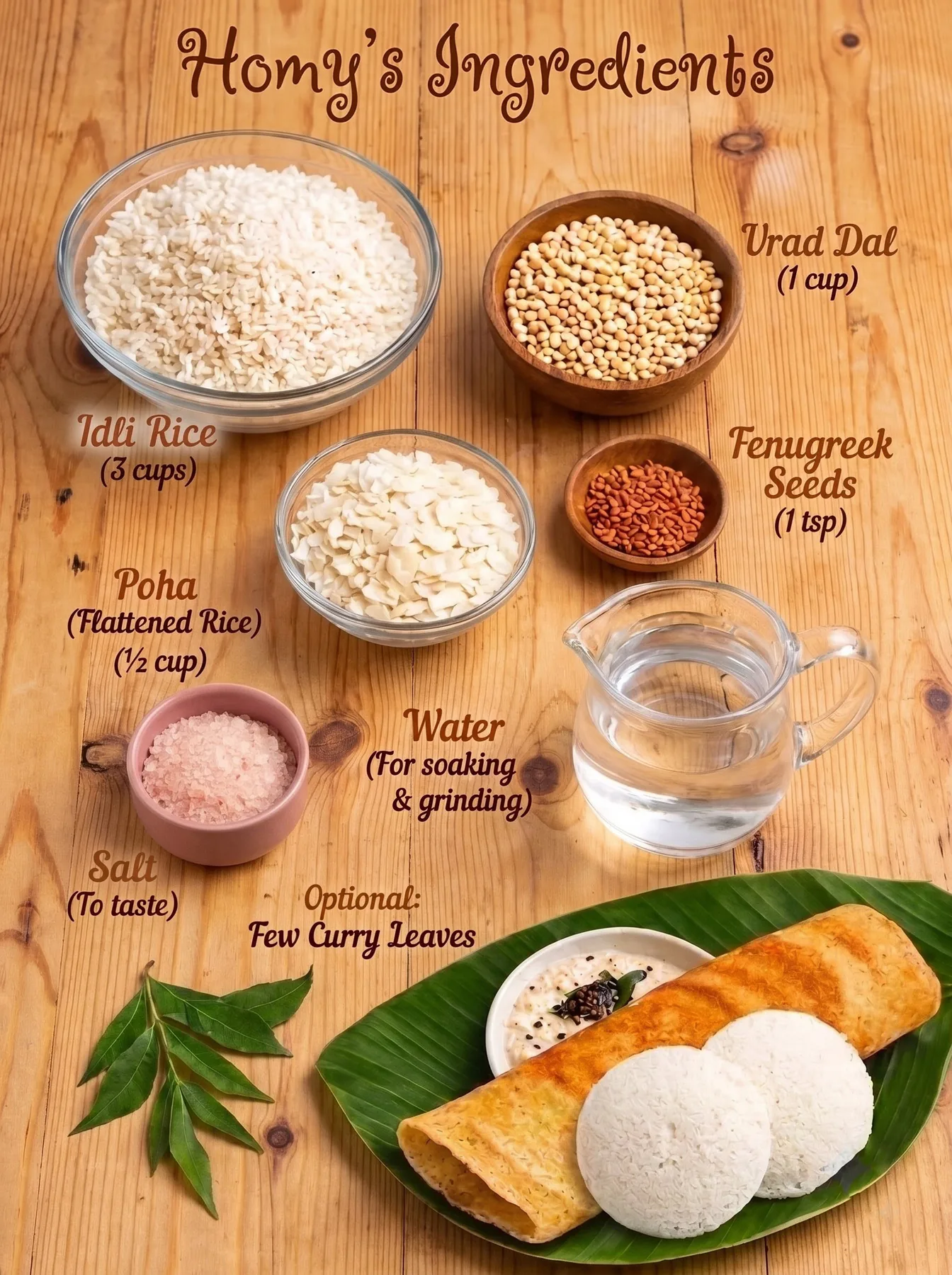 Homy batter ingredients: idli rice, urad dal, poha, fenugreek and salt, with idly and dosa
