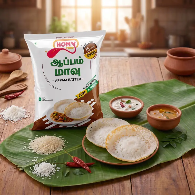 Homy Appam Maavu pack with appams and coconut stew on a banana leaf