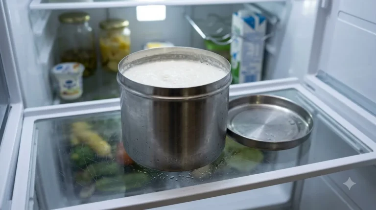 A steel container of fresh idly dosa batter on a refrigerator shelf with the lid beside it