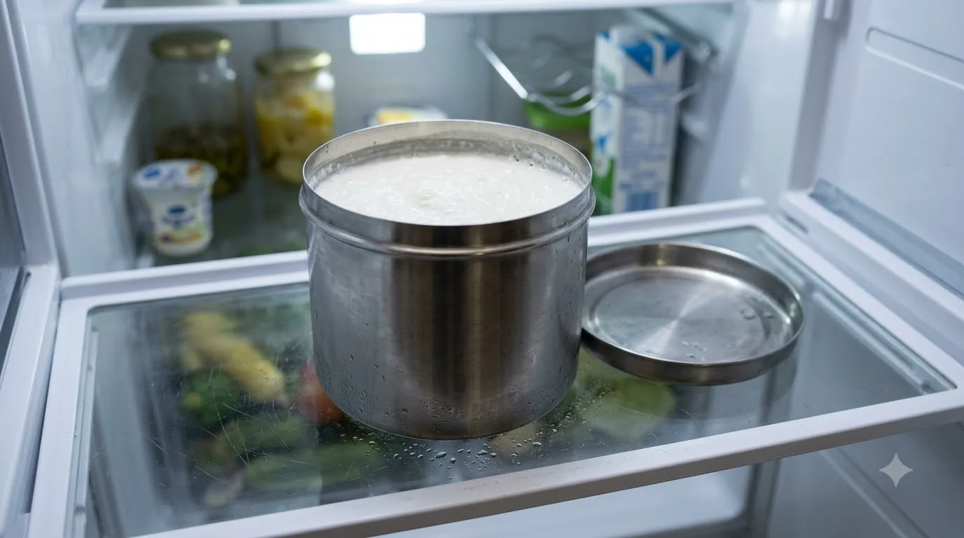 A steel container of fresh idly dosa batter on a refrigerator shelf with the lid beside it