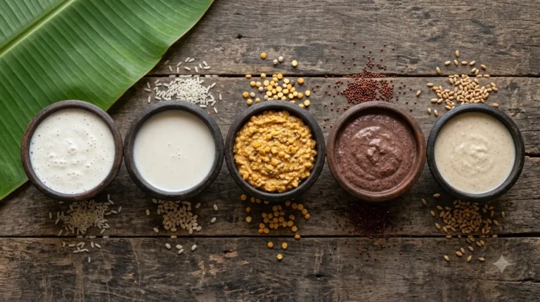 Five clay bowls of South Indian batter on a wooden table with loose grains beside each