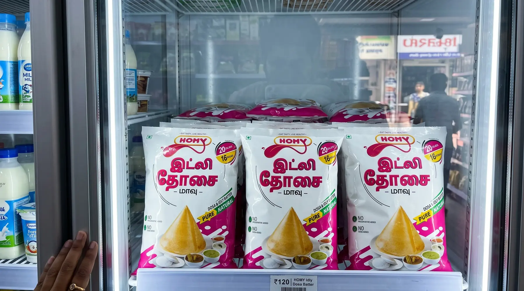Homy idly dosa batter packs stocked in a store fridge in Chennai
