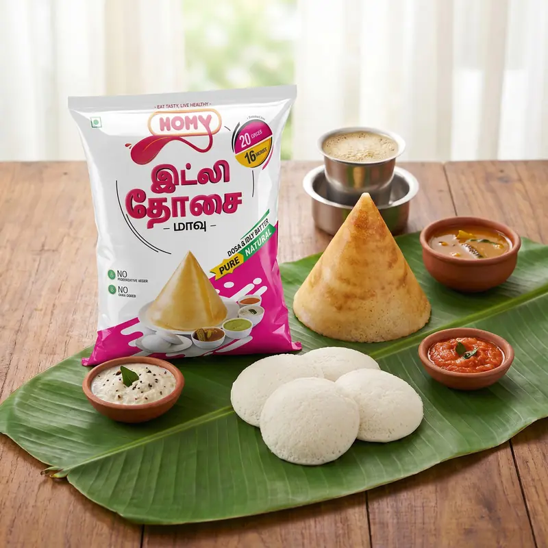 Homy Idly and Dosa Maavu pack with idlies, dosa, sambar and chutneys on a banana leaf