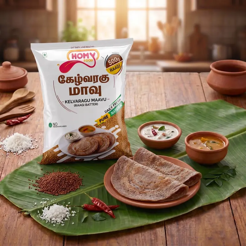 Homy Kelvaragu Maavu pack with raagi dosai, chutney and sambar on a banana leaf