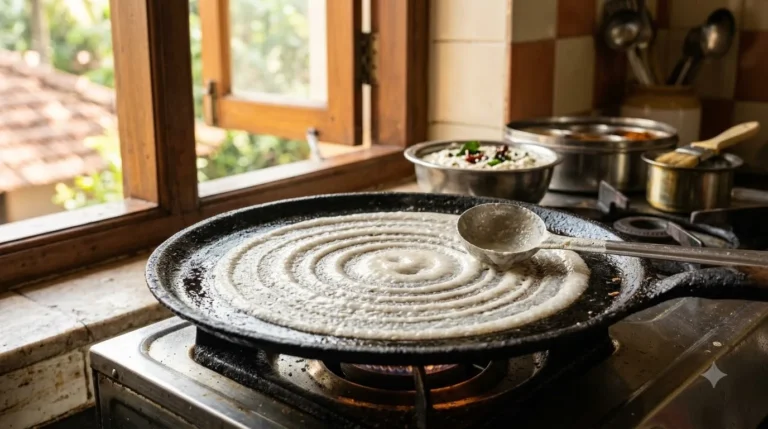 Dosa batter spread in a spiral on a hot cast iron tawa in a sunlit kitchen