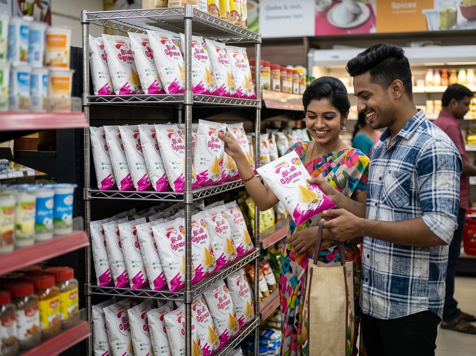 Shoppers picking Homy idly dosa batter packs from a shelf in a Chennai store